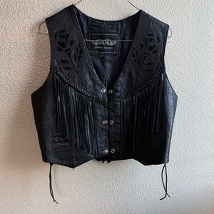 Black Genuine Leather Fringe Vest